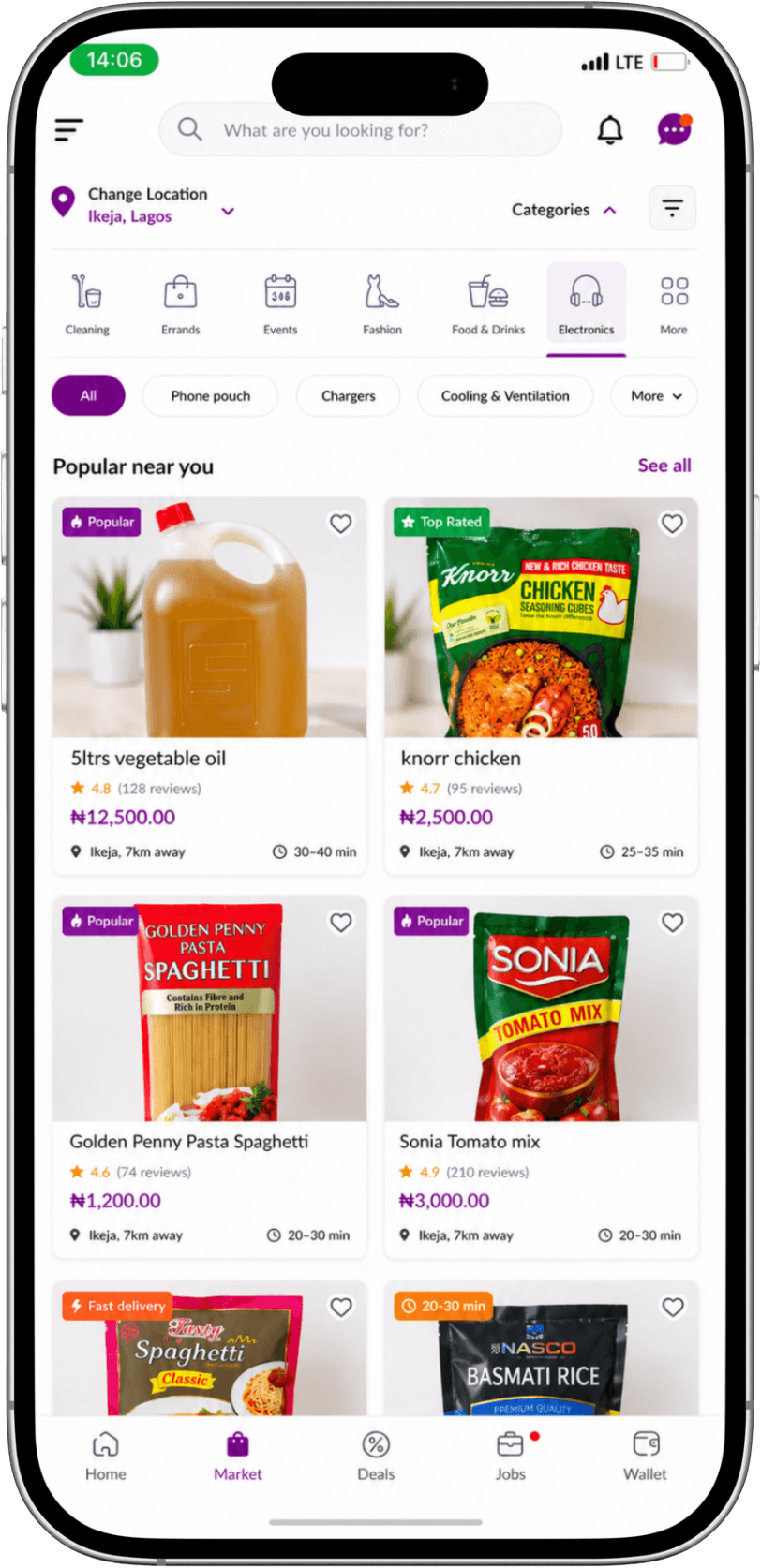 Fixme mobile app showing groceries and household items near you